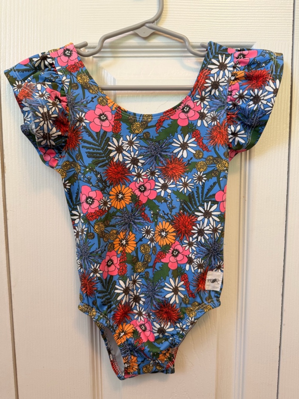 Floral Flutter Sleeve Girls Swim - Blue with Flowers